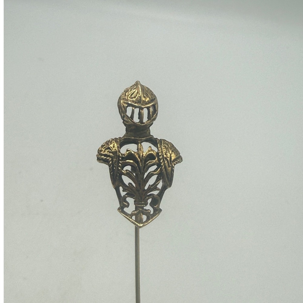 Vintage Knight Armor Stick Pin Gold Tone Medieval Fleur De Lis Lapel Pin